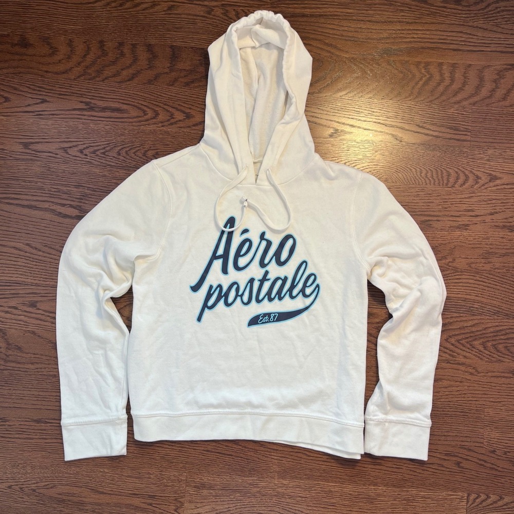 y2k vintage aeropostal white & blue graphic hoodie large